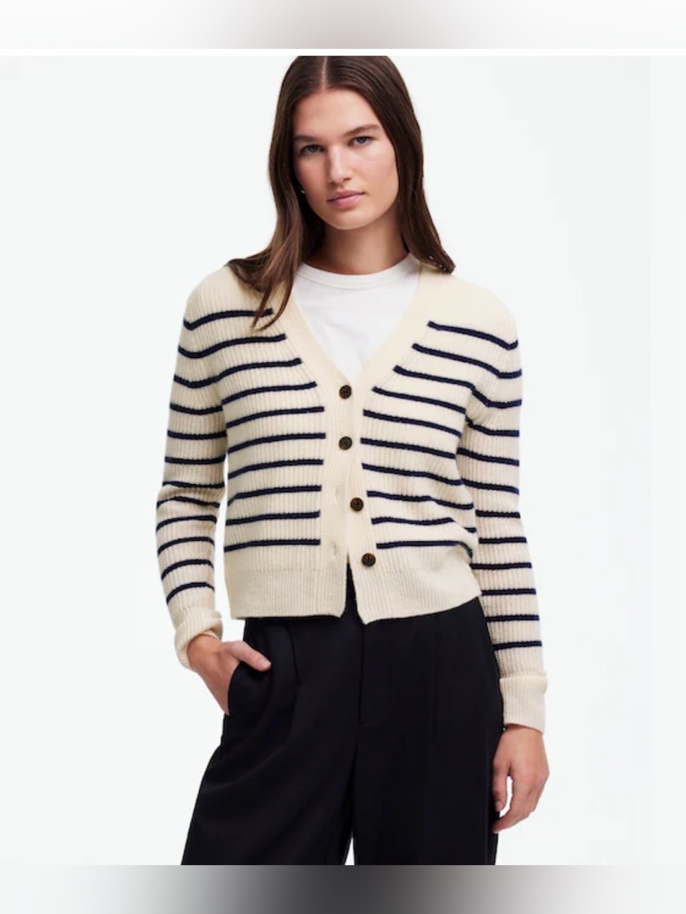 Madewell SoftWool V-Neck Cardigan Stripe Knit Sweater Wool Cashmere Nautical S